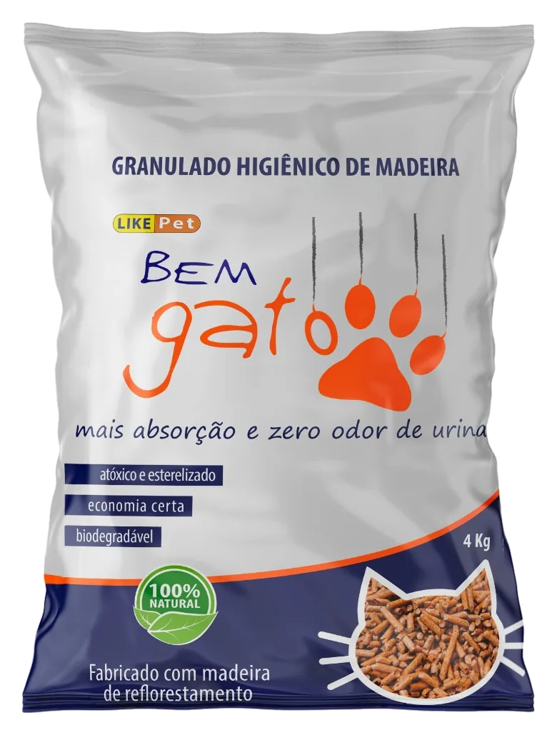 Embalagem de 4 kg do granulado higiênico de madeira Bem Gato