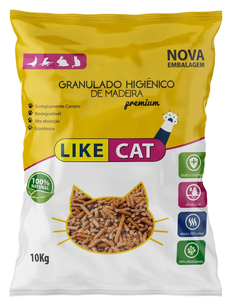 Embalagem de 10 kg do granulado higiênico de madeira premium Like Cat