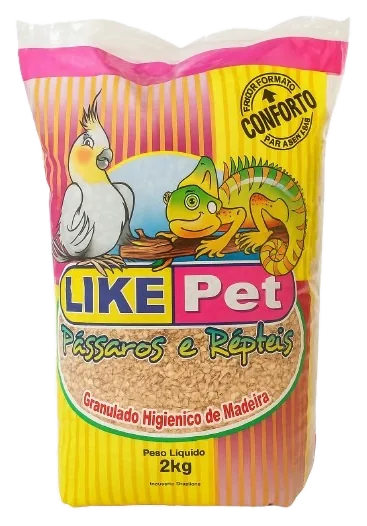 Embalagem de 2 kg do granulado higiênico de madeira Like Pet para pássaros e répteis