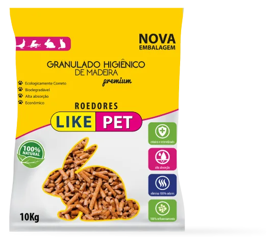 Embalagem de 10 kg do granulado higiênico de madeira Like Pet para roedores e coelhos